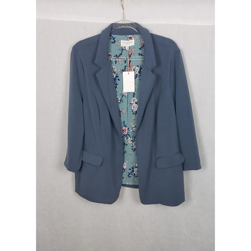 Skies Are Blue Curvy 2X Slate Blue Floral Lined Open Front Blazer Jacket Summer